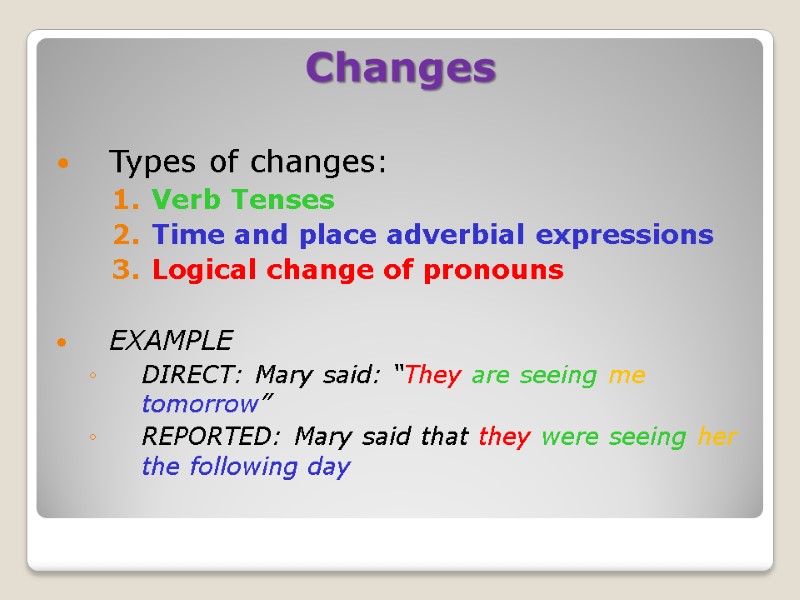 Changes Types of changes: Verb Tenses Time and place adverbial expressions Logical change of